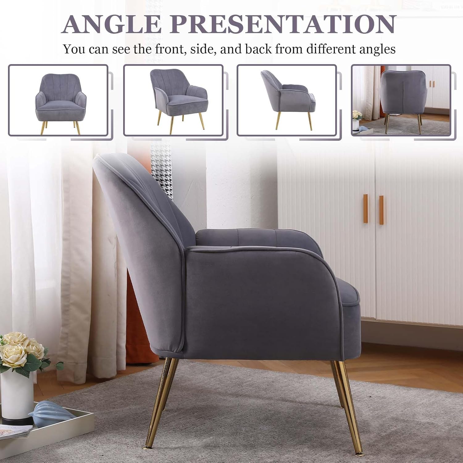 Accent Chair with Arms, Arm Chair with Gold Legs,Velvet Upholstered Reading Chair with Back for Living Room Bedroom (Grey 2)