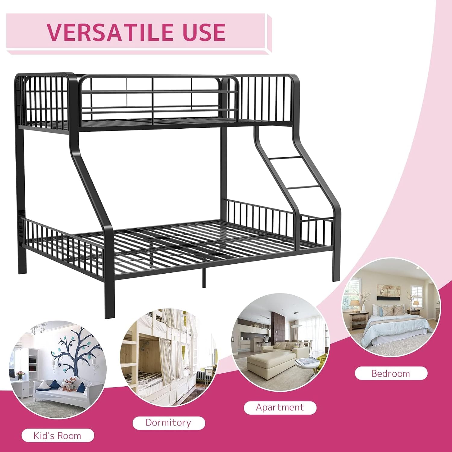 Pemberly Row Twin XL Over Queen Metal Bunk Bed, Gunmetal Gray Finish, 83" W x 63" D x 60" H, Sturdy Steel Frame with Slat System, Built-in RF Ladder, Guardrails, Space-Saving Transitional Design for