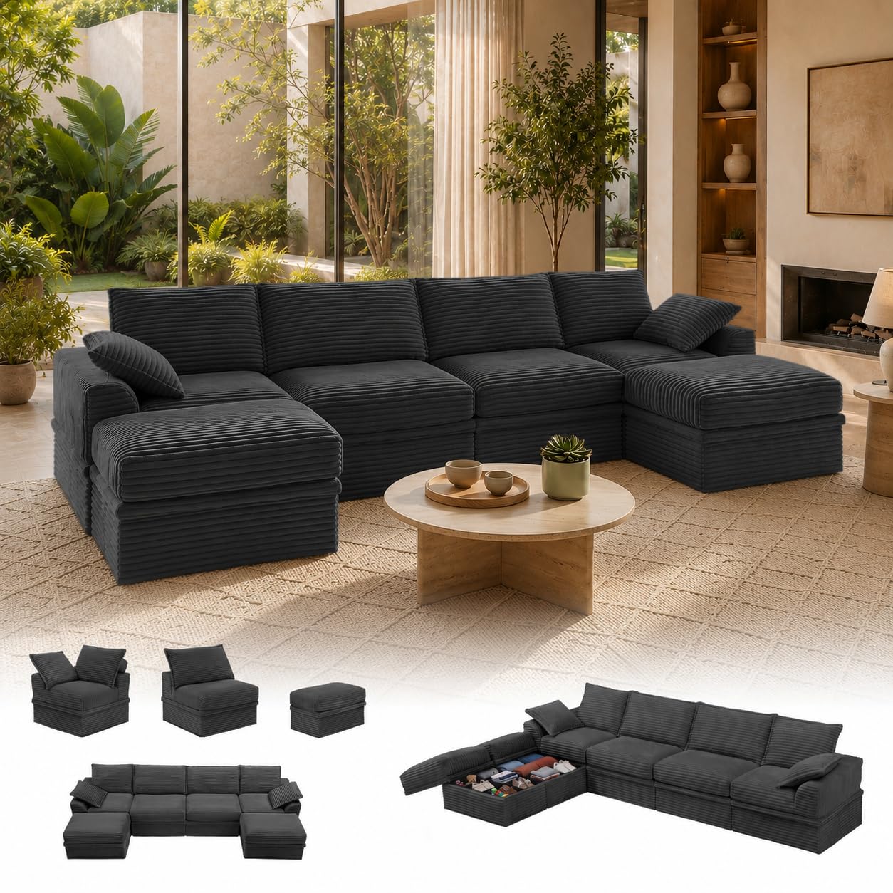 142 Inch Upgraded Boneless Couch with Storage in Grey