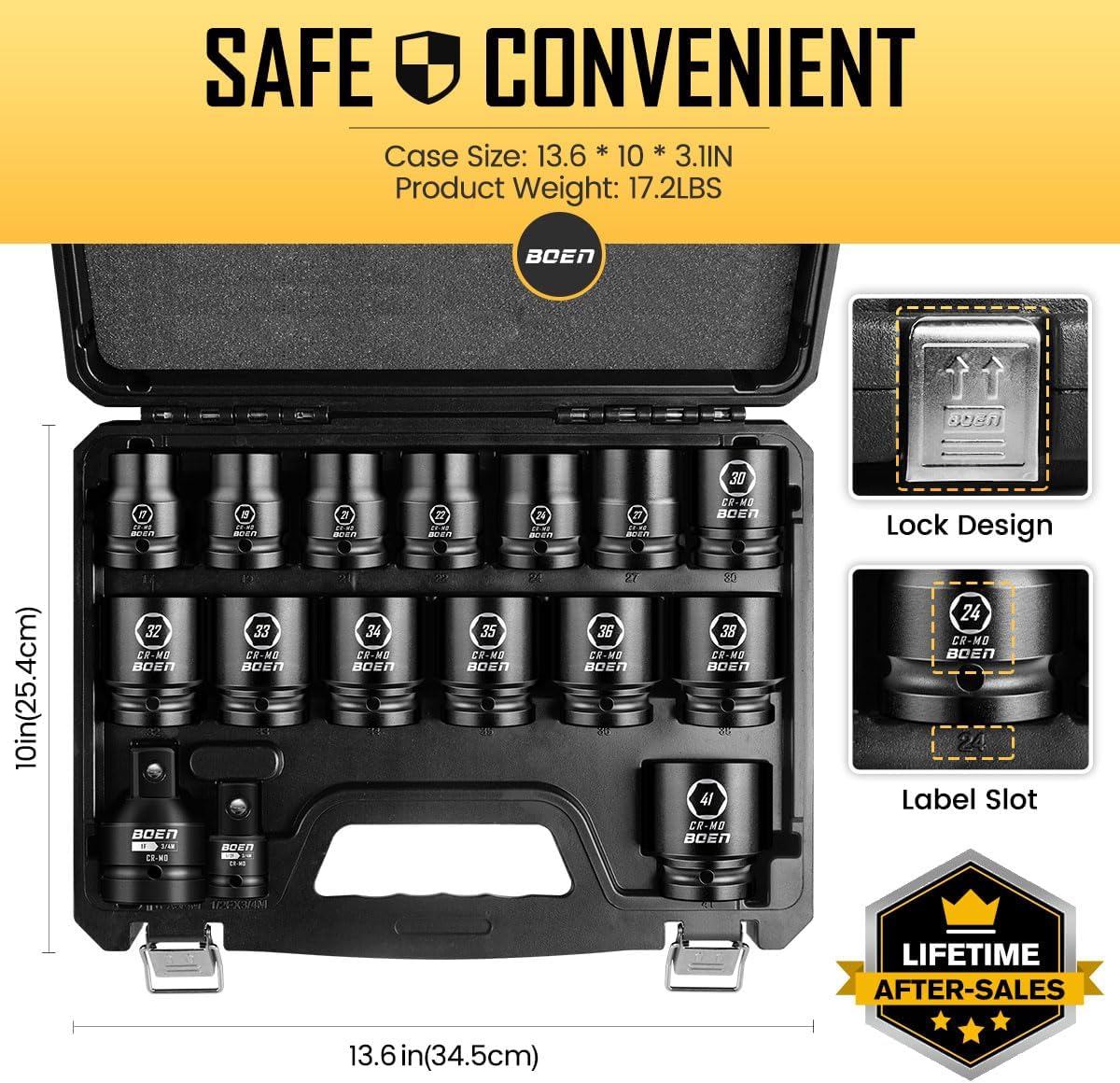 boen 3/4" Drive Metric Socket Set, 17mm - 41mm Large Impact Sockets, 6-Point CR-MO Steel, Rugged Construction,16PCS with a Storage Case, for Large Vehicle and Machinery Maintenance