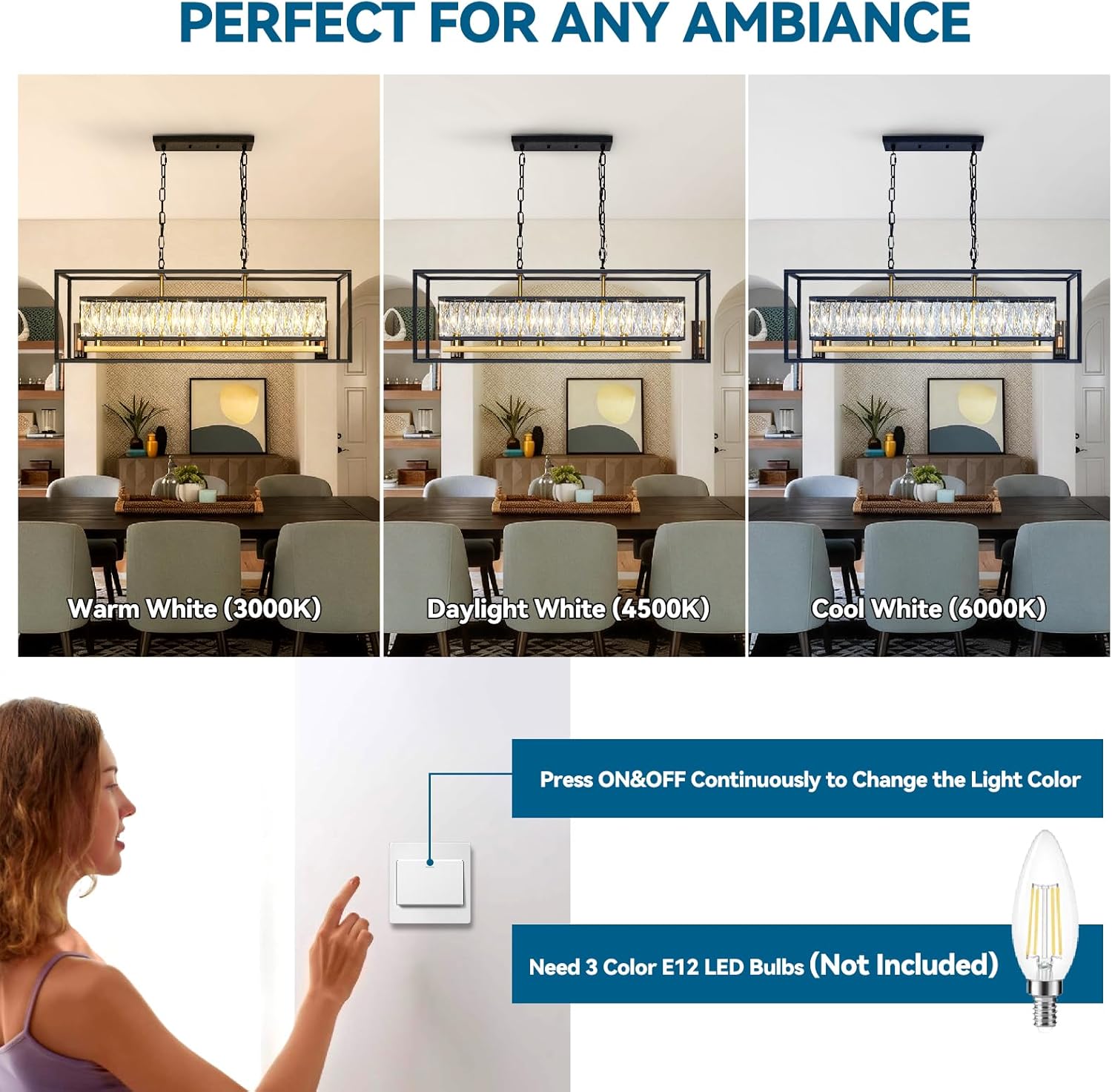 Vezzio Black Crystal Chandeliers for Dining Room 6-Light Modern Rectangle Contemporary Pendant Light Fixture for Kitchen Island L35 Inch