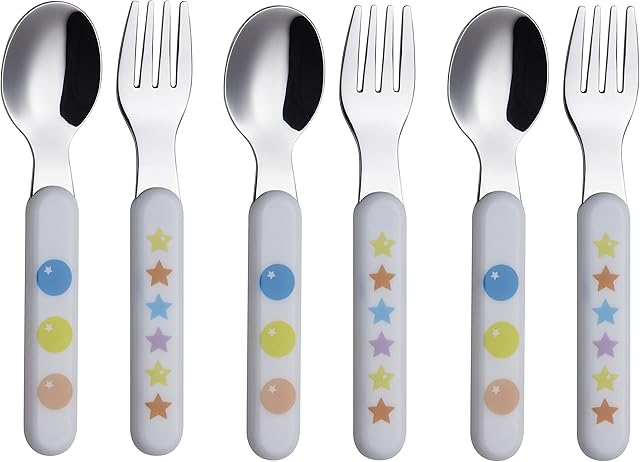 Exzact Sztućce dla dzieci, 6 sztuk, stal nierdzewna 18/10, 3 widelce, 3 łyżki stołowe, plastikowy uchwyt, sztućce dla małych dzieci, bez BPA, gwiazdki i kropki (3 widelce, 3 łyżki)