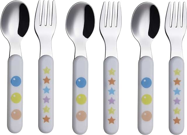 Exzact Cubiertos infantiles 6 piezas de acero inoxidable 1810-3 x tenedores, 3 x cucharas de cena, mango de plástico, Cubertería infantil sin BPA - estrellas y puntos