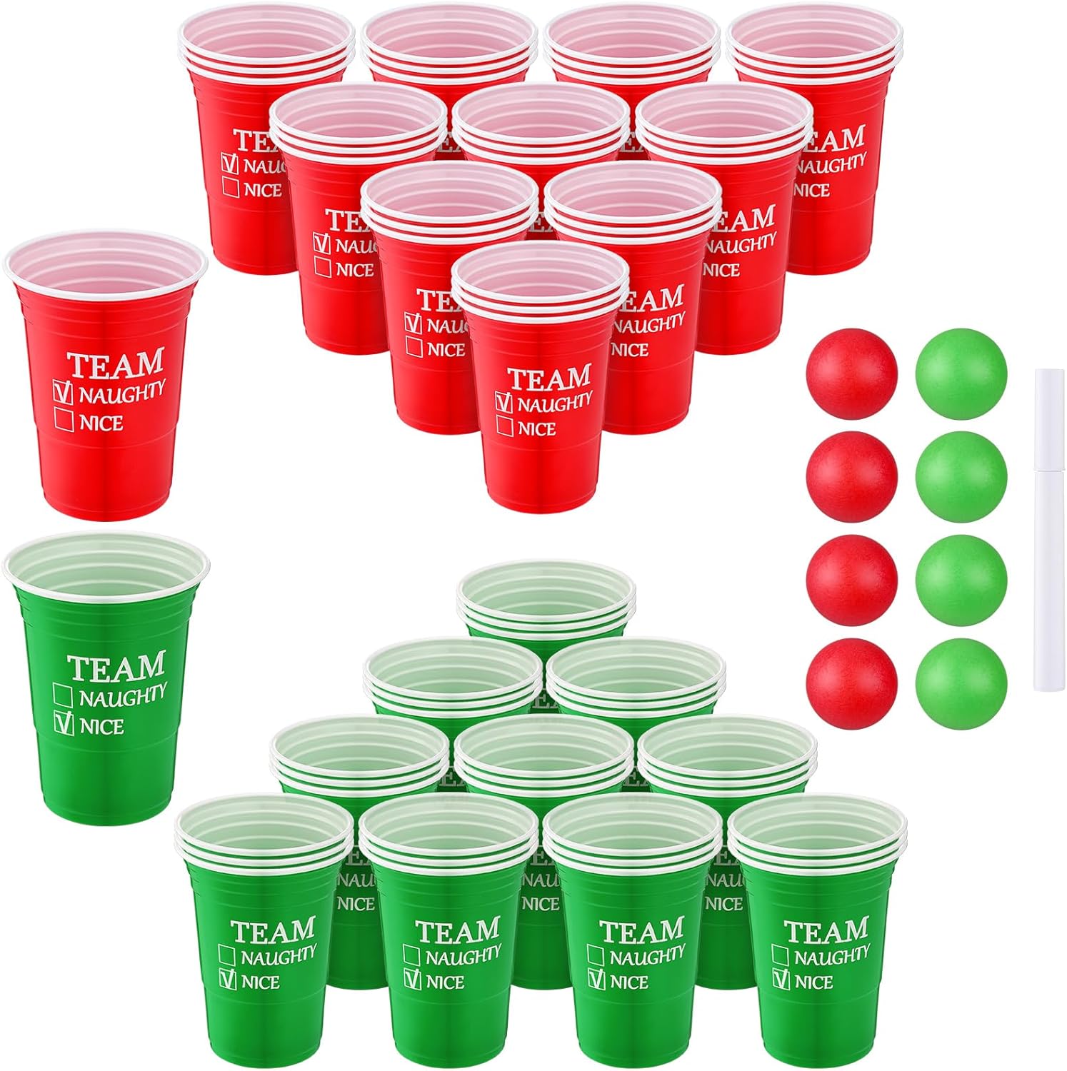 Reallnaive 38 Pcs Christmas Game Supplies Set 16 oz Team Naughty/Nice Reusable Plastic Cups 8 Red Green Balls and A Pen for Christmas House Party Supplies Concerts Birthdays BBQ Holidays