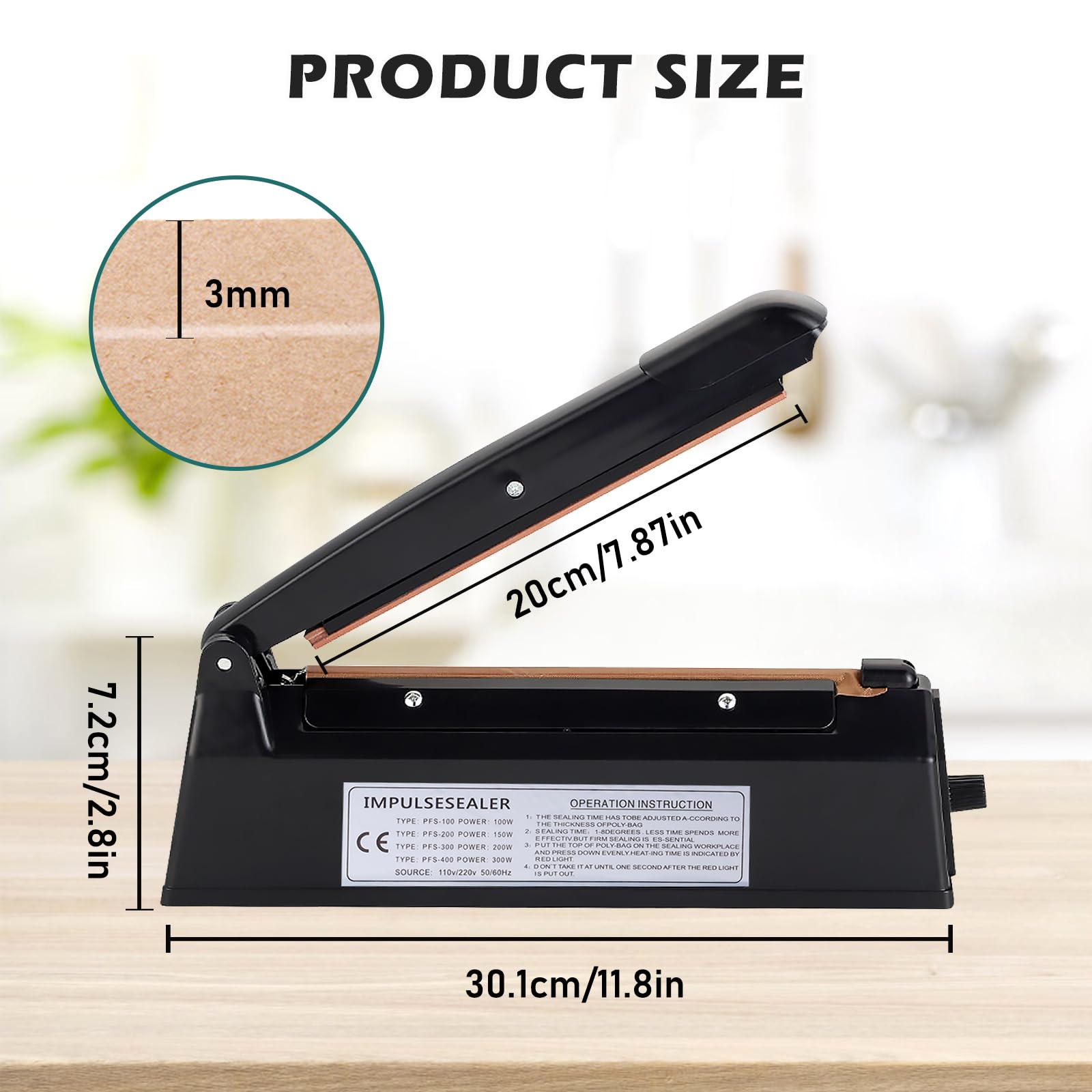 Machine À Sceller À Chaud 200 mm, Thermoscelleuse Machine, Scelleuse Thermique, Scelleuse De Sacs En Plastique, Impulse Heat Sealer, 3 mm Largeur d'étanchéité, Contrôle de température à 8 niveaux