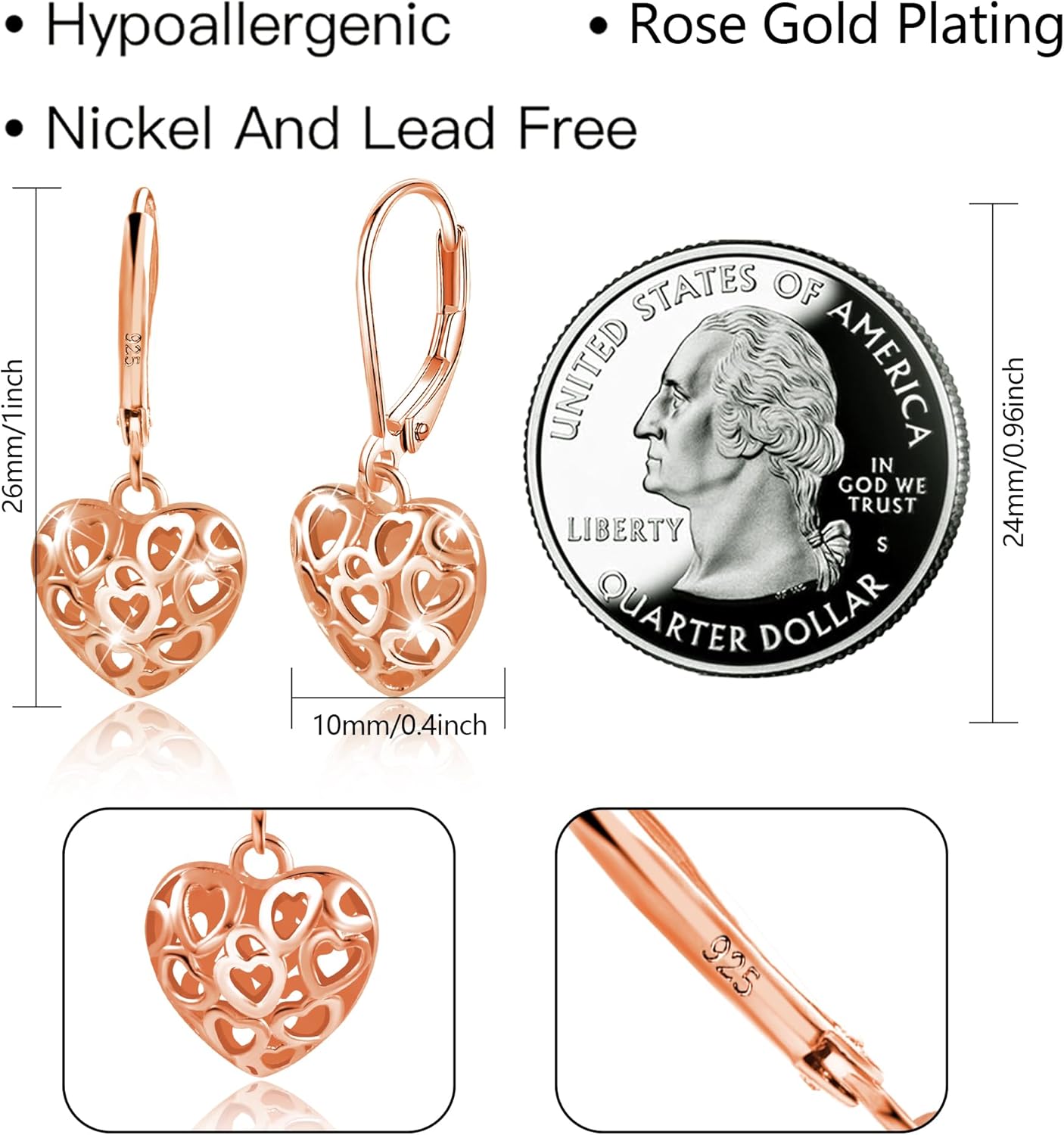 LANCHARMED 925 Sterling Silver 14K Gold French Style Leverback Earrings, Heart Dangle Drop Earrings for Women Hypoallergenic Jewelry - Image 5