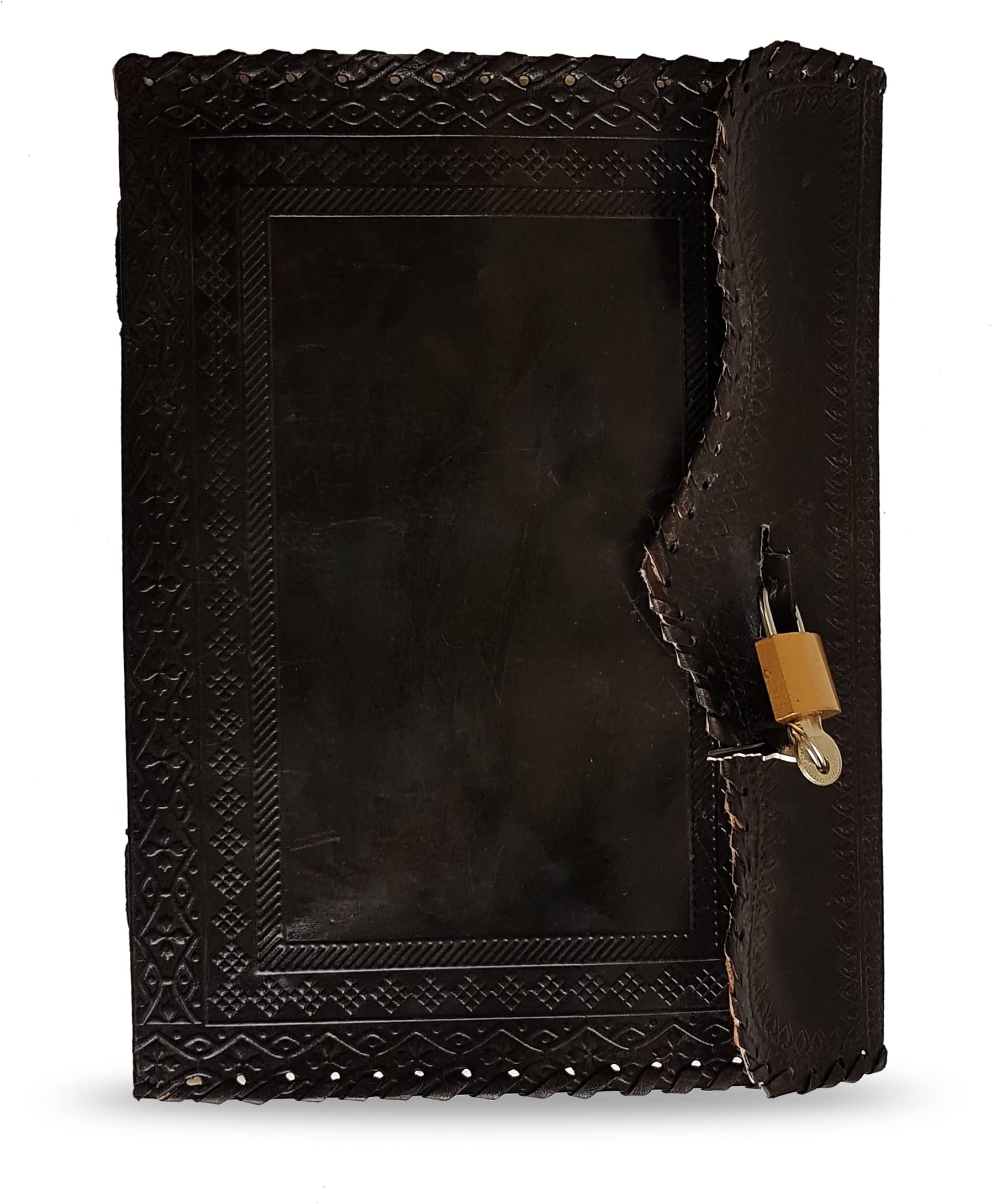 jaald 10" Leather Journal with lock Writing Pad Blank Notebook Handmade Notepad Men & Women Unlined Paper Best Present Art Sketchbook Travel Diary To Write Book Of Shadow Refillable Grimoire Black