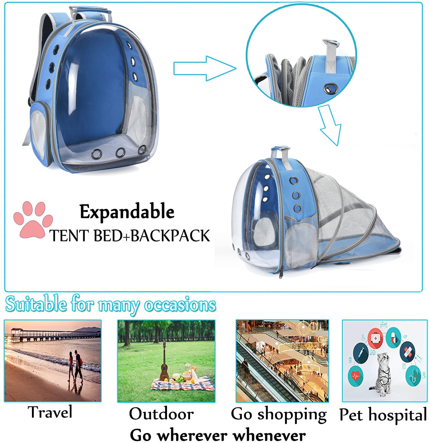 Sac à Dos Chat Chien.Sac Transport pour Chien Chat pour Petits Chats et Chiens Chiot.Sac à Bulles pour Chat Chien avec fenêtre Frontale Transparente et Dos Extensible,idéal pour Voyage