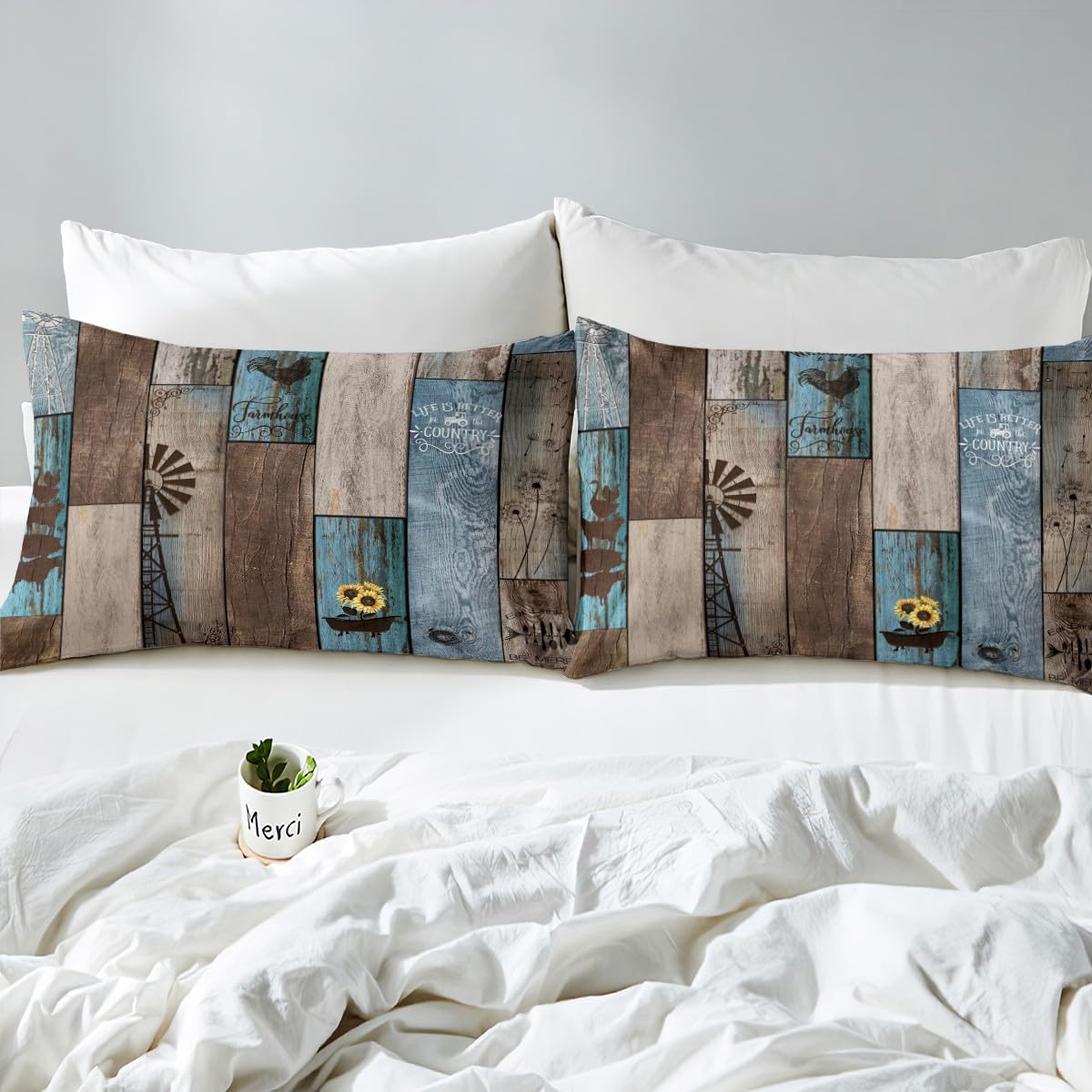 Set di biancheria da letto per letto singolo in stile rustico, stile vintage, in legno, a righe, per ragazze e adolescenti, decorazione per camera da letto per bambini, con girasoli, in morbida