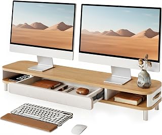 Fenge Monitor Stand with Large Drawer, 42.5 Inch Dual Monitor Riser for 2 Monitors, Ergonomic Computer Desk Shelf with Soft Touch Leather & Storage Organizer for Laptop, Computer,Oak