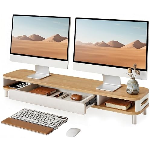 Monitor Stand with Large Drawer, 42.5 Inch Dual Monitor Riser for 2 Monitors, Ergonomic Computer Desk Shelf with Soft Touch Leather & Storage Organizer for Laptop, Computer,Oak - Oak