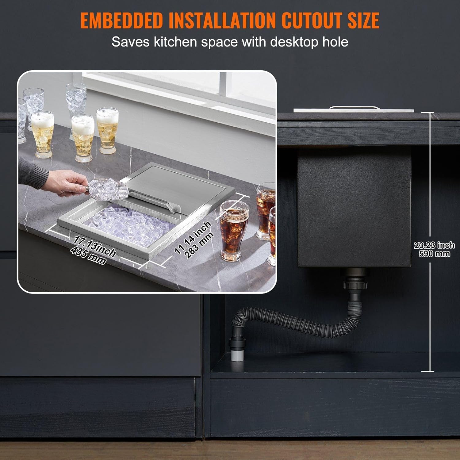 Drop in Ice Chest,18"Lx12"W x 14.5"H Stainless Steel Ice Cooler,Commercial Ice Bin with Sliding Cover, 40.9 qt Outdoor Kitchen Ice Bar,Drain-pipe and Drain Plug Included,compatible with Cold Wine Beer