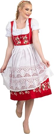 Dirndl Trachten Haus 3-Piece Red Dirndl Dress Set for Women Long German Oktoberfest Outfit