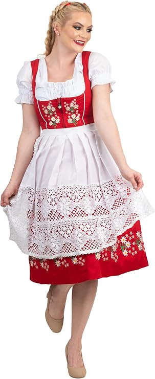 Dirndl Trachten Haus 3-Piece Red Dirndl Dress Set for Women Long German Oktoberfest Outfit