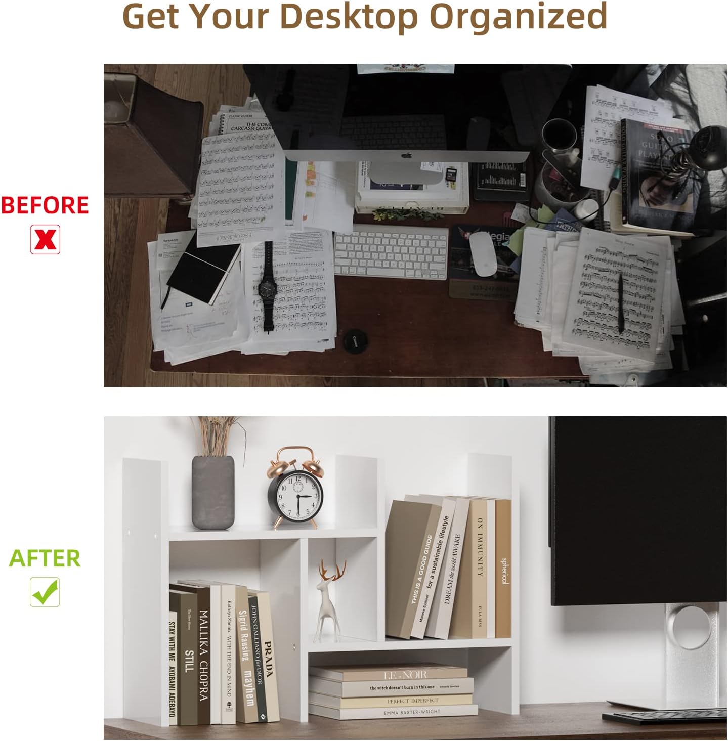 TY ARTS & CULTURE - Expandable Wood Desktop Storage Organizer Multipurpose Desk Bookshelf Display Shelf Rack Counter Top Bookcase for Office Home | White