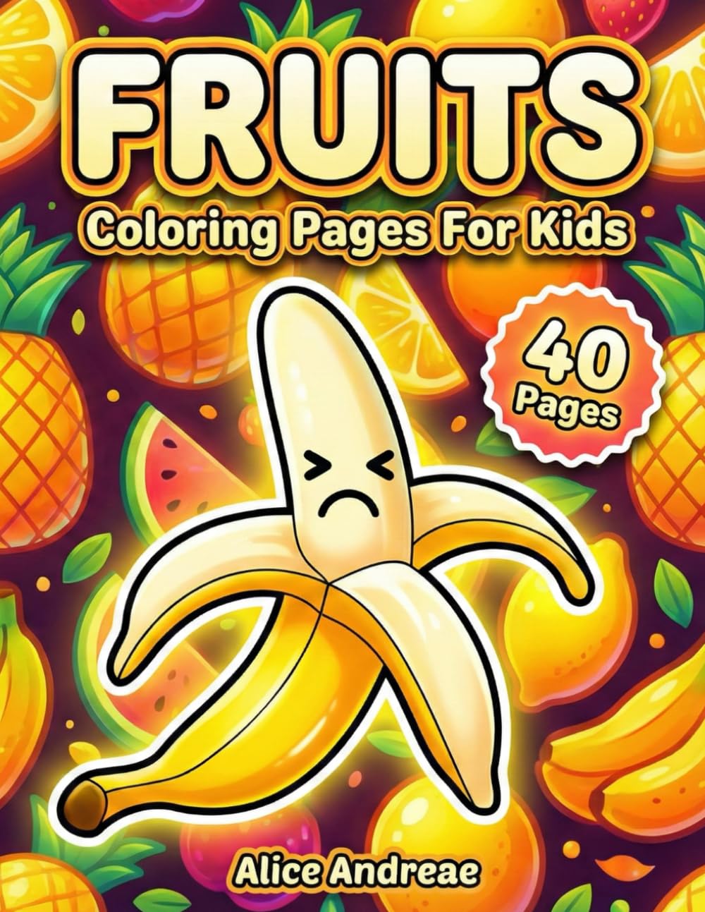 Fruits Coloring Pages For Kids: Funny Kawaii Fruit Characters and Tropical Vibes: Adorable Pineapple, Banana, and Watermelon Activity Book for Toddlers and Preschoolers Ages 3-6 to Learn Healthy Foods