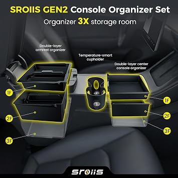 Sroiis Gen 2 Double-Layer Center Console Organizer Set for Tesla Model Y Juniper Accessories (2025 2026) True 2-Tier Storage System [ Upper Tray + Hidden Lower Compartment ] - 3PCS Jet Black
