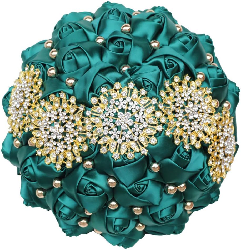 White Wedding Bridal Bouquet with Bling Brooch Rhinestone String Cascade Satin Rose Flower Bouquet for Bride Bridesmaid Quinceanera Wedding White 7.1in