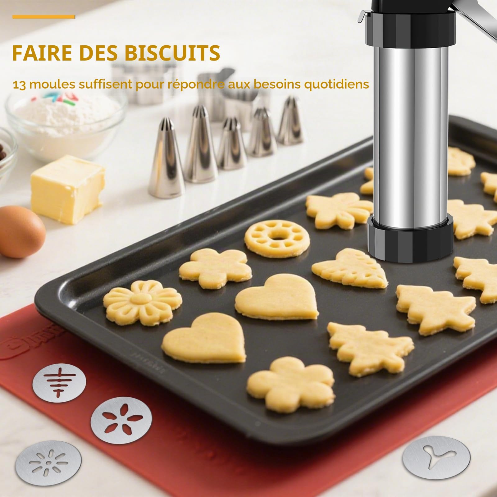 Machine a Churros,Presse a Biscuits, Appareil a Churros,Presse à Churro Pistolet à Pâtisserie avec 16 Gabarits,8 Douilles et Poche, Seringue Patisserie pour Gâteaux Gâteaux Dessert