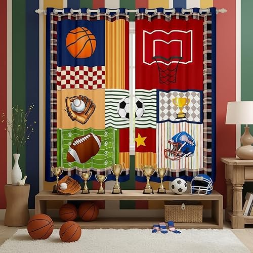Boys Football Window Curtain Cartoon Ball Sports Themed Curtains for Kids Teens 