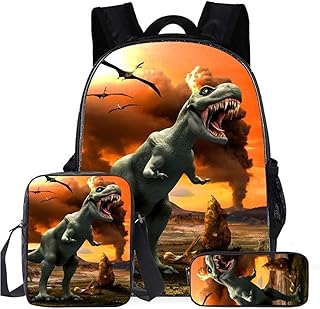 Zaino per Bambini Ragazzi, Set di 3 Pezzi Zaini Dinosauri con Borsa a Tracolla e Astuccio Stampa 3D Zainetti Scuola Elementare Bambino
