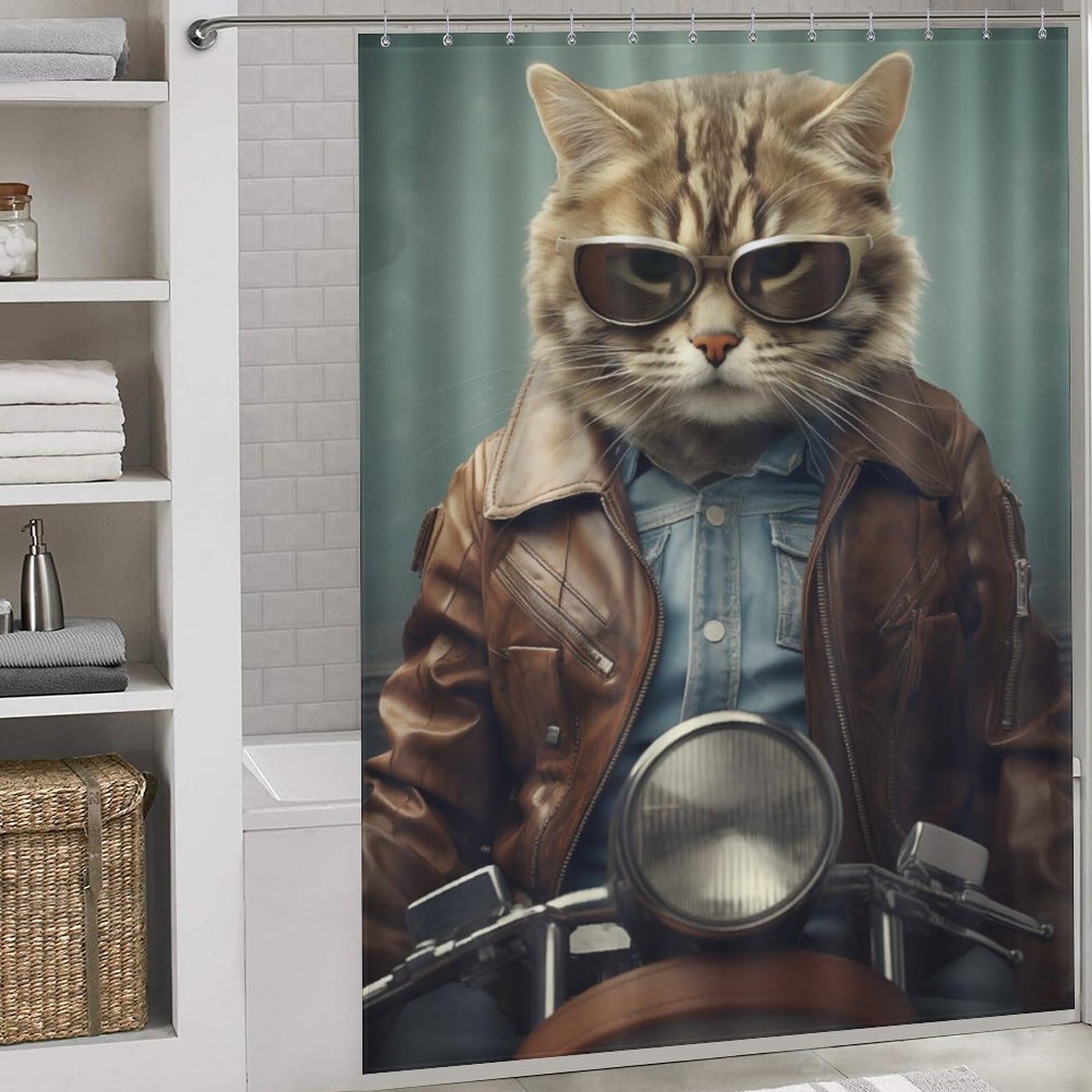 Rideaux de bain chat motard élégant et lavable, grand format décoratif de 163x180cm