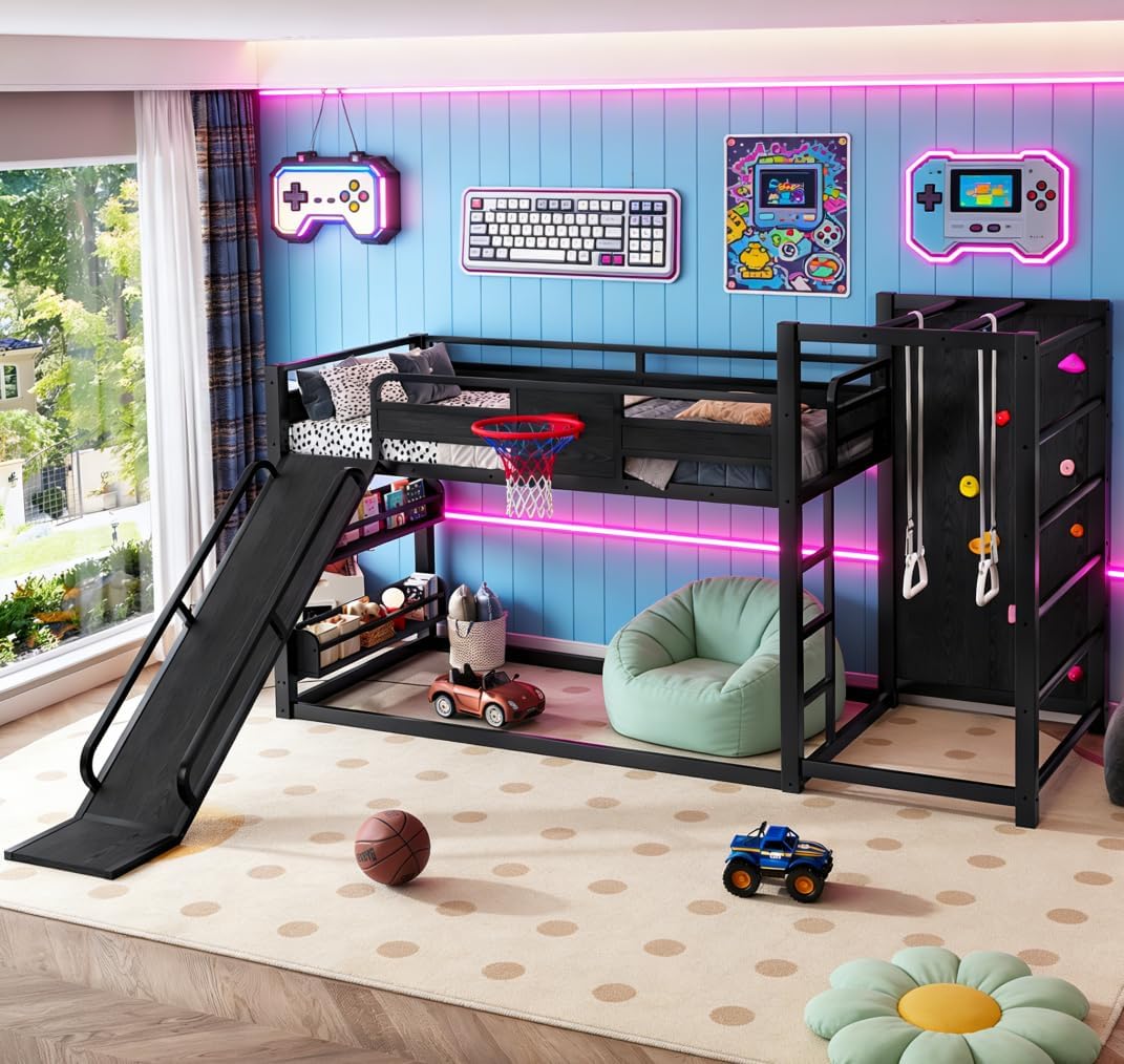 Bellemave Twin Bunk Bed with Slide and Basketball Hoop, Pull-up Rings, Climbing wall, and Built-in Bookshelves, Twin Loft/bunk Bed, Black