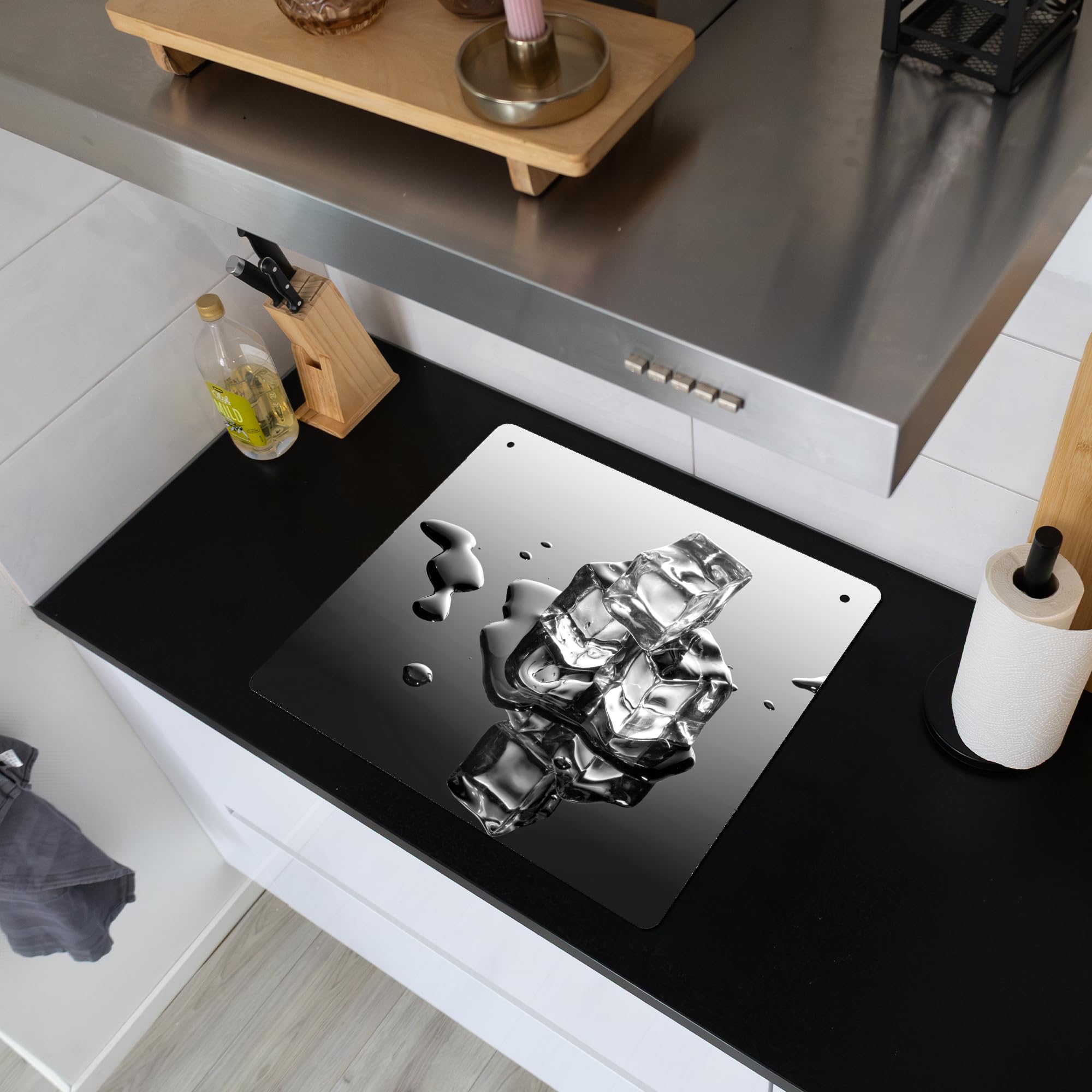 KitchenYeah© Antisalpicaduras Cocina 52x60 cm Protector Salpicaduras Pared Chapa Kitchen Panel Vitrocerámica Accesorios Salpicadero Decoración Hielo - Agua - Gris - Negro | 60 x 52 cm – Revestimiento de pared, placa de cubierta para estufa hielo – Agua –