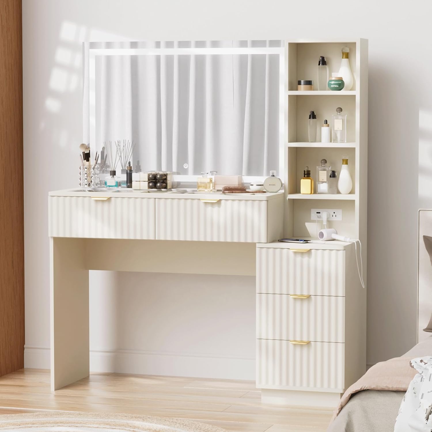 Vanity Desk with Mirror and Lights, Modern Glass Top Makeup Vanity Table with Power Outle 5 Drawers & Adjustable Shelves, 3 Lighting Modes Adjustable Brightness for Bedroom