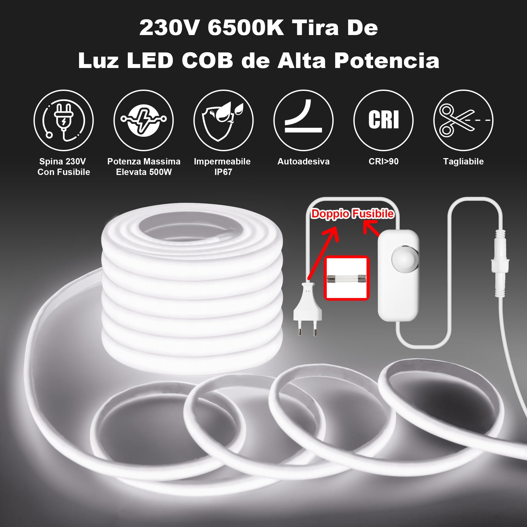 Striscia LED COB Esterno Impermeabile IP67 Spina Diretta, 20M Striscia Led 220V Luminosità per Esterni con Doppio Controller Fusibile, 6500K LED COB Bianca per Commerciali da Giardino e Patio