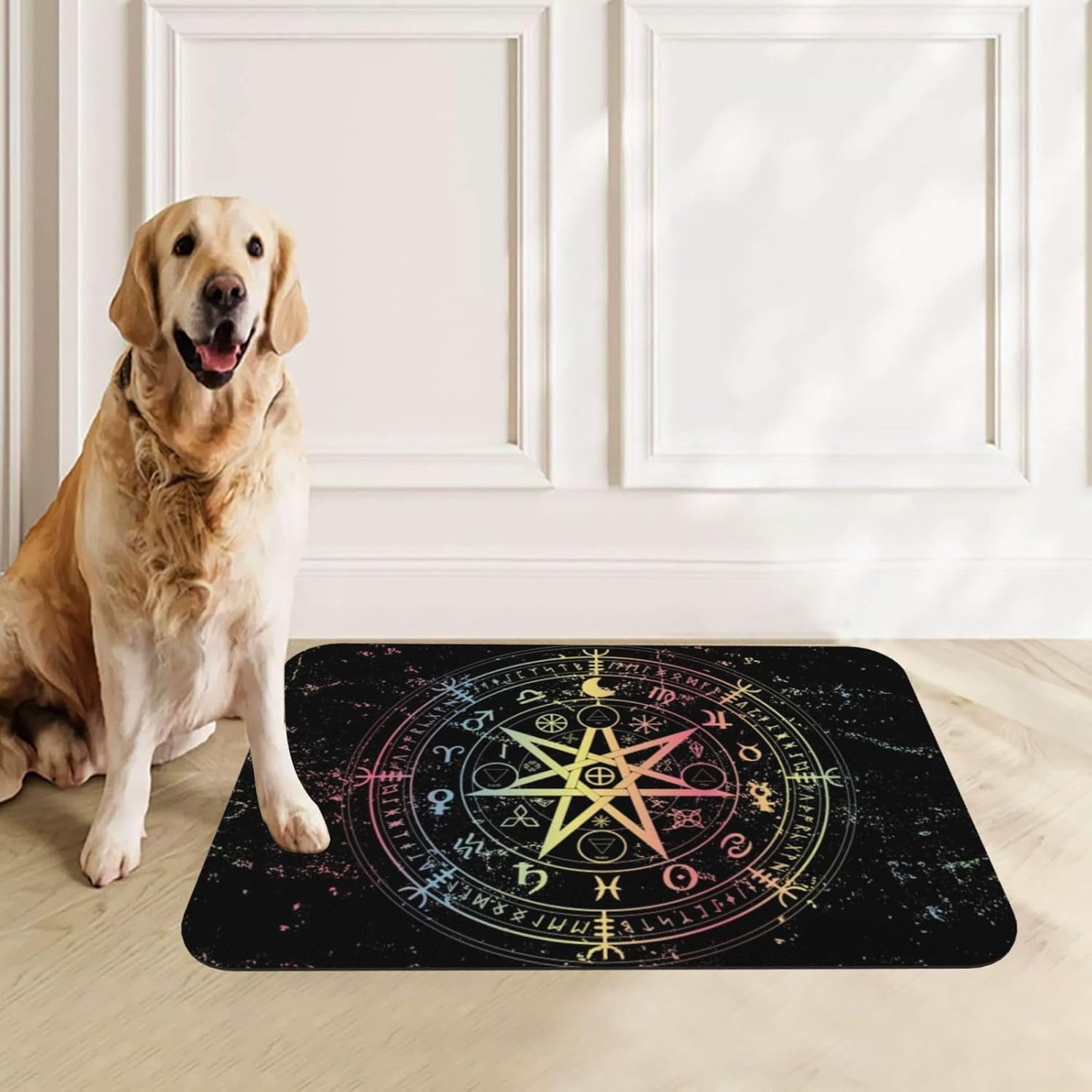 Wiccan Symbol Protection Mandala Runes Pet Feeding Mat-Absorbent Quick Dry Pet Cat Dog Food Mat Non Slip Waterproof Rubber Dish Placemat
