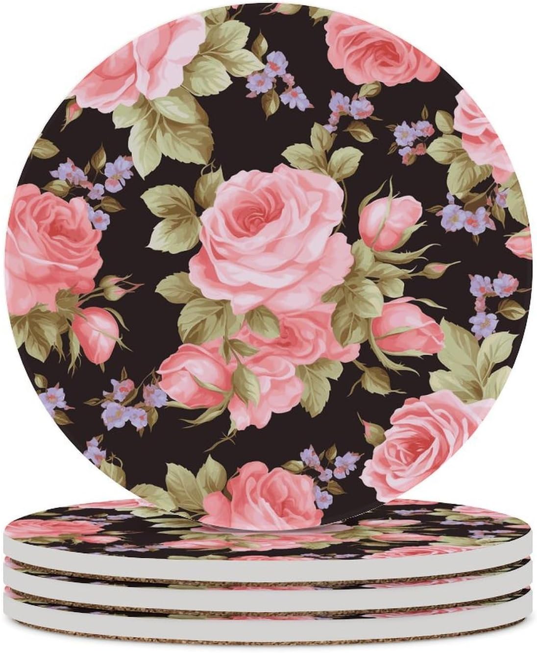 Pink Rose Coaster with Cork Base Drink Coasters for Coffee Table Decor Modern Cup Coasters with Non-Slip & Heat-Resistant Cute Ceramic Table Coaster for Home Dining