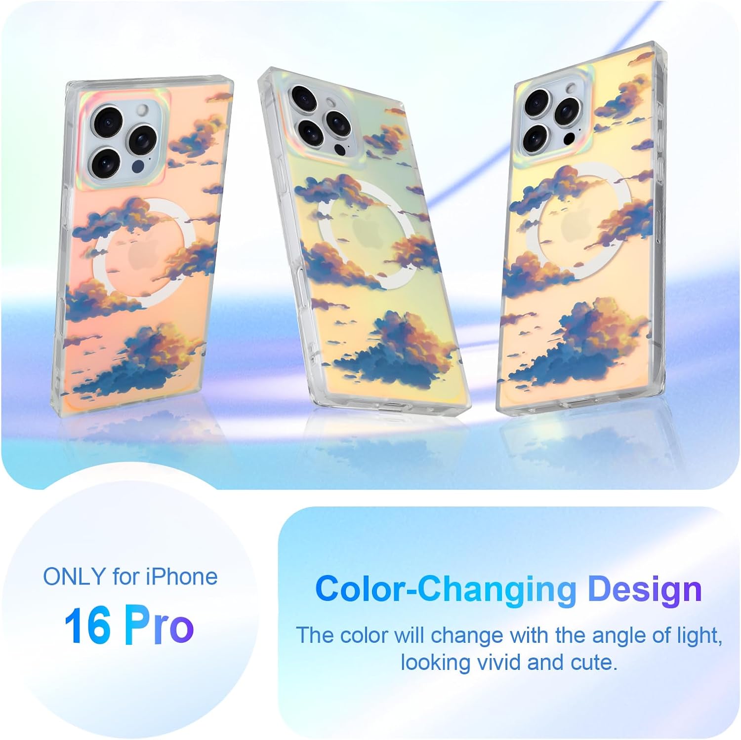 Cute Case for iPhone 16 Pro Case for Women Girls [Compatible with Magsafe] Aesthetic Iridescent Cloud Pattern Design, Girly Glitter Sparkly Bling Rectangle Magnetic Protective Phone Cover