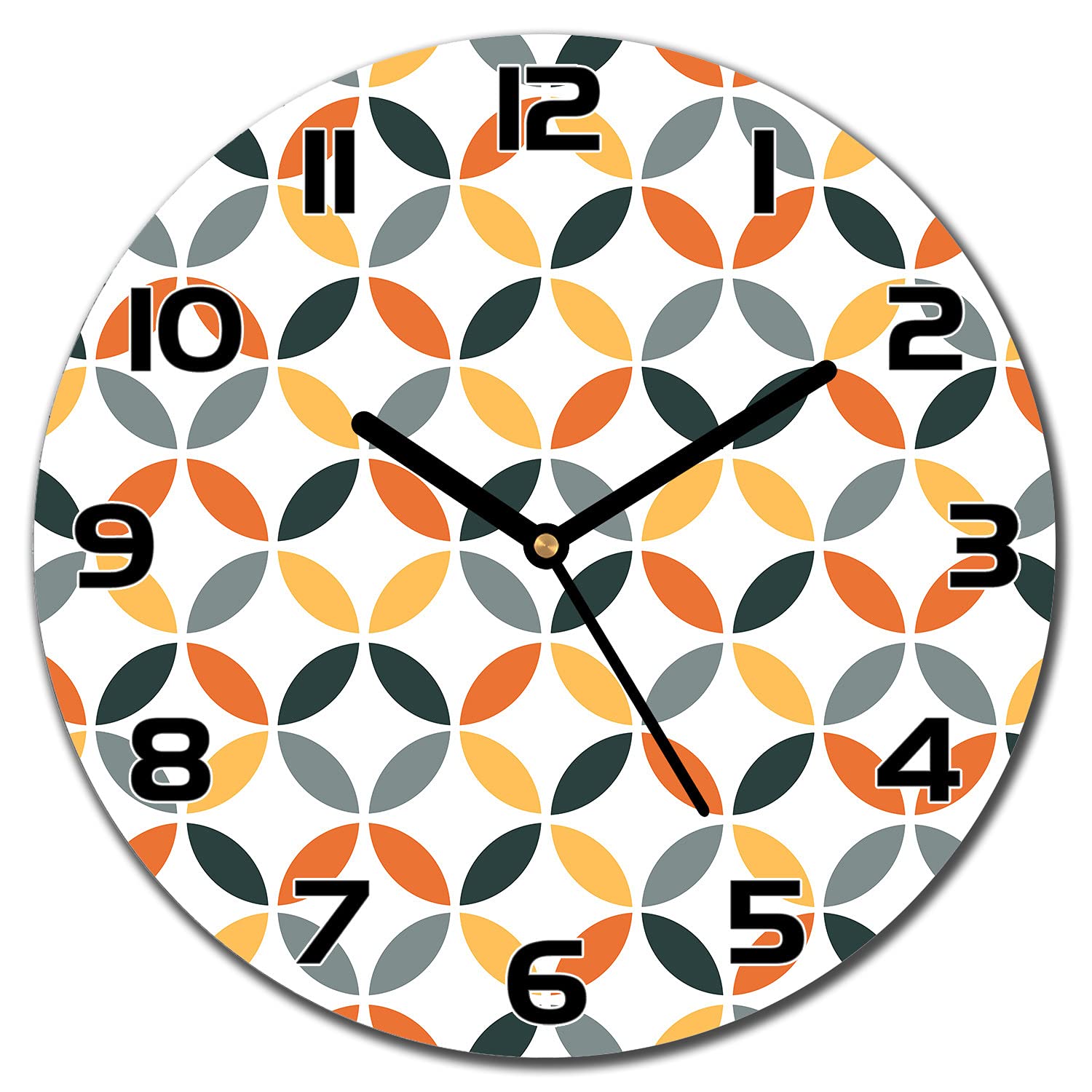 Horloge en verre lisible aiguilles noires décoration murale salon orange