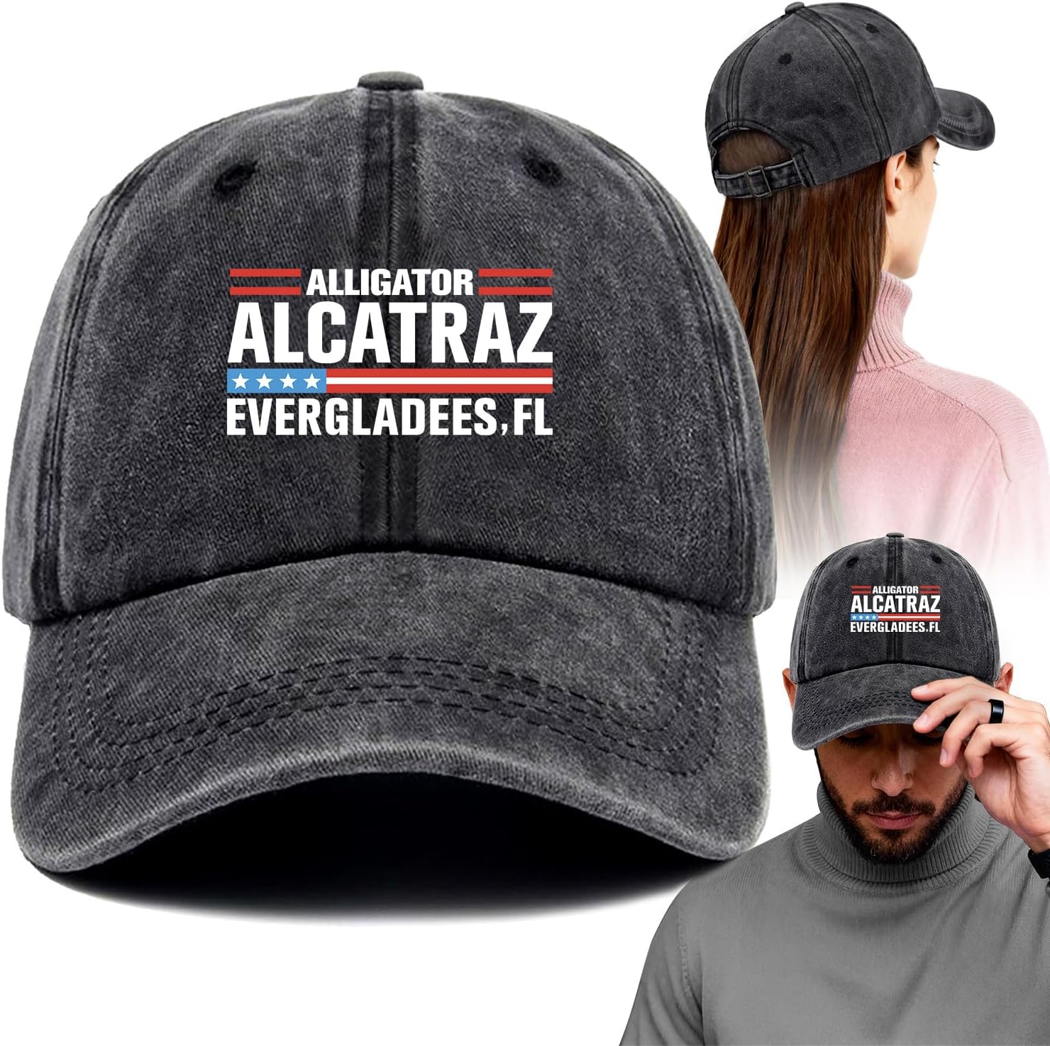 Alligator Alcatraz Funny Printed Cotton Baseball Cap Adjustable Retro Washed Lightweight and Breathable Unisex Patriotic Swamp Dark Humor Sun Hat, Gift for Hiker Camper Dad Men Friend Coworker Boss