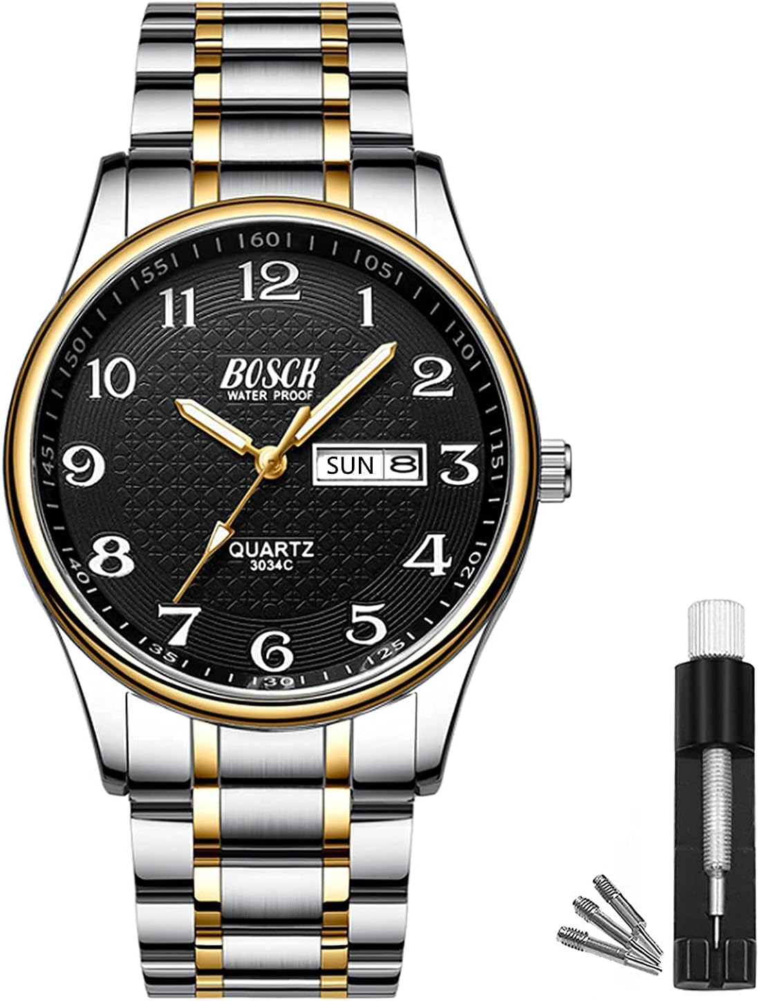 Men's Watch, 40 mm Analogue Waterproof Business Stainless Steel Wrist Watches with Date and Day Easy to Read Anti-Scratch Fashion Watch for Men