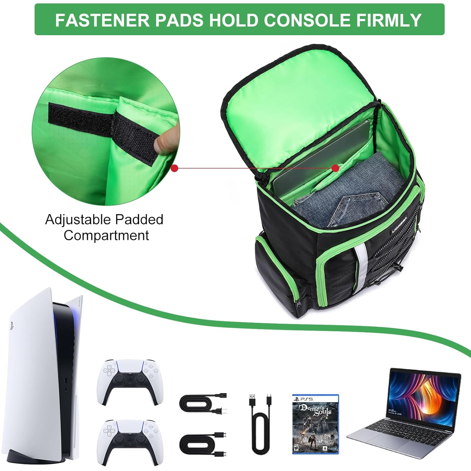 PS5 Backpack, Gaming Carry Backpack Compatible with Playstation 5 / PS5 Slim / PS4 / Xbox One, Travel Carrying Case with Multiple Pockets for 15.6” Laptop and Gaming Accessories, Black& Green - Image 3