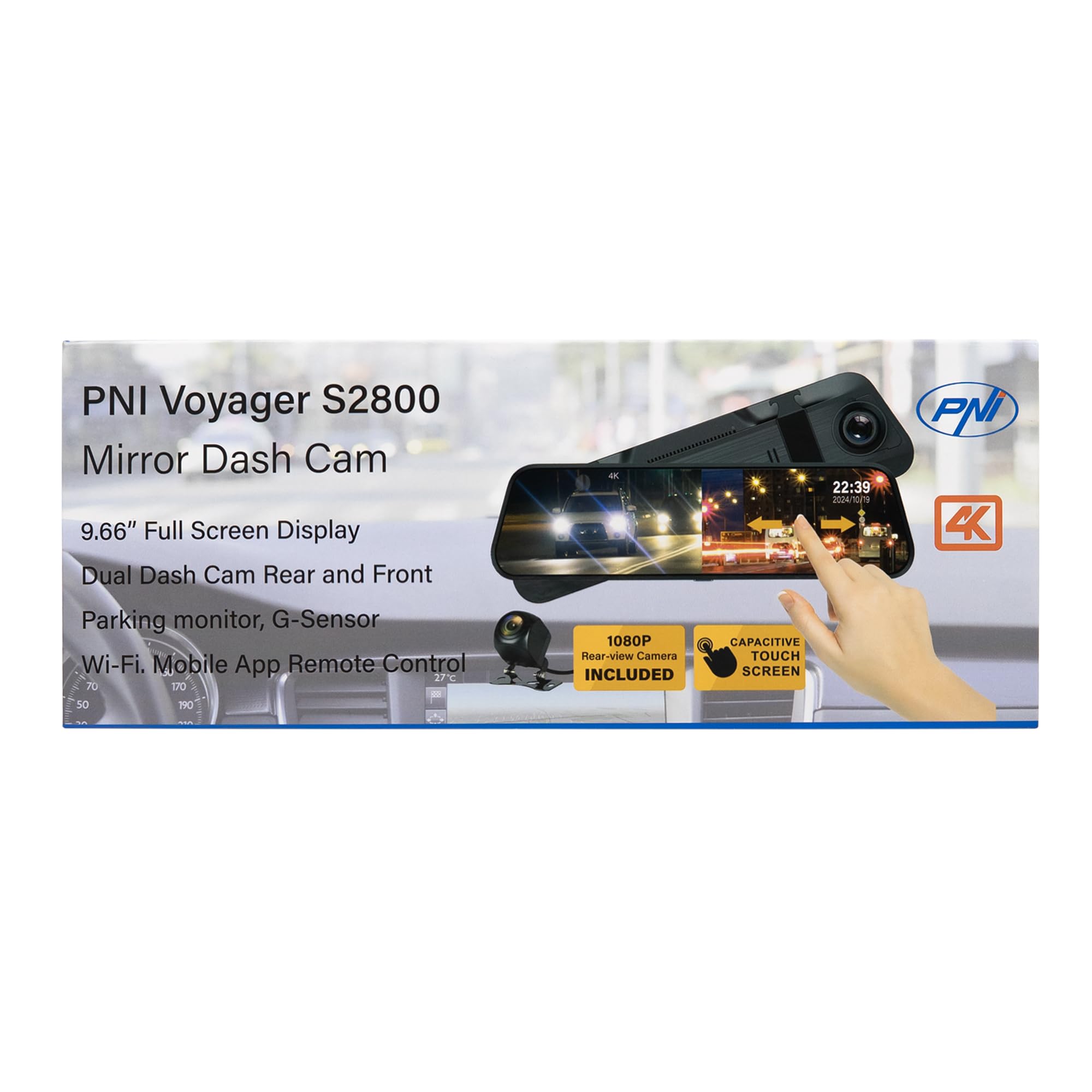 PNI Voyager S2800 UHD 4K 170° kamera samochodowa DVR zintegrowana z lusterkiem wstecznym, ekran dotykowy IPS, monitorowanie parkowania, czujnik G, gniazdo kart micro SD, USB-C, funkcja GPS, Wi-Fi,