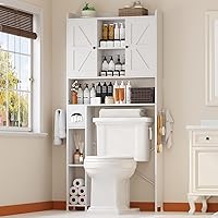 EasyCom Farmhouse Over-the-Toilet Storage Cabinet with Metal Frame, 7 Adjustable Shelves, Tissue Holder - White Bathroom Organizer