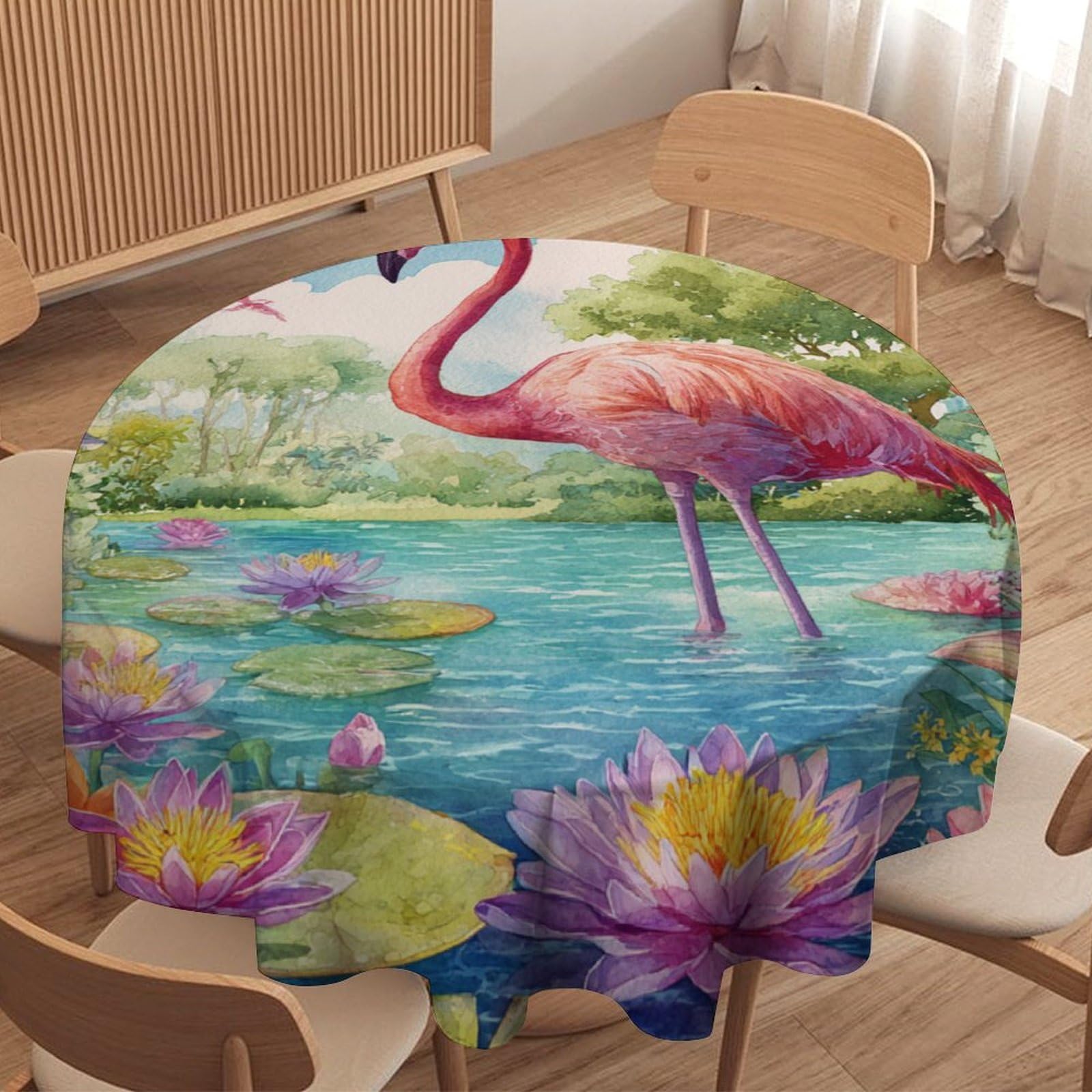LUYYSKY Retro Watercolor Bird Flamingos Round Tablecloth Modern Abstract Tropical Plants Flowers Animals Flamingos Washable Decor for Table Cover for Kitchen-127 Wx127 L cm