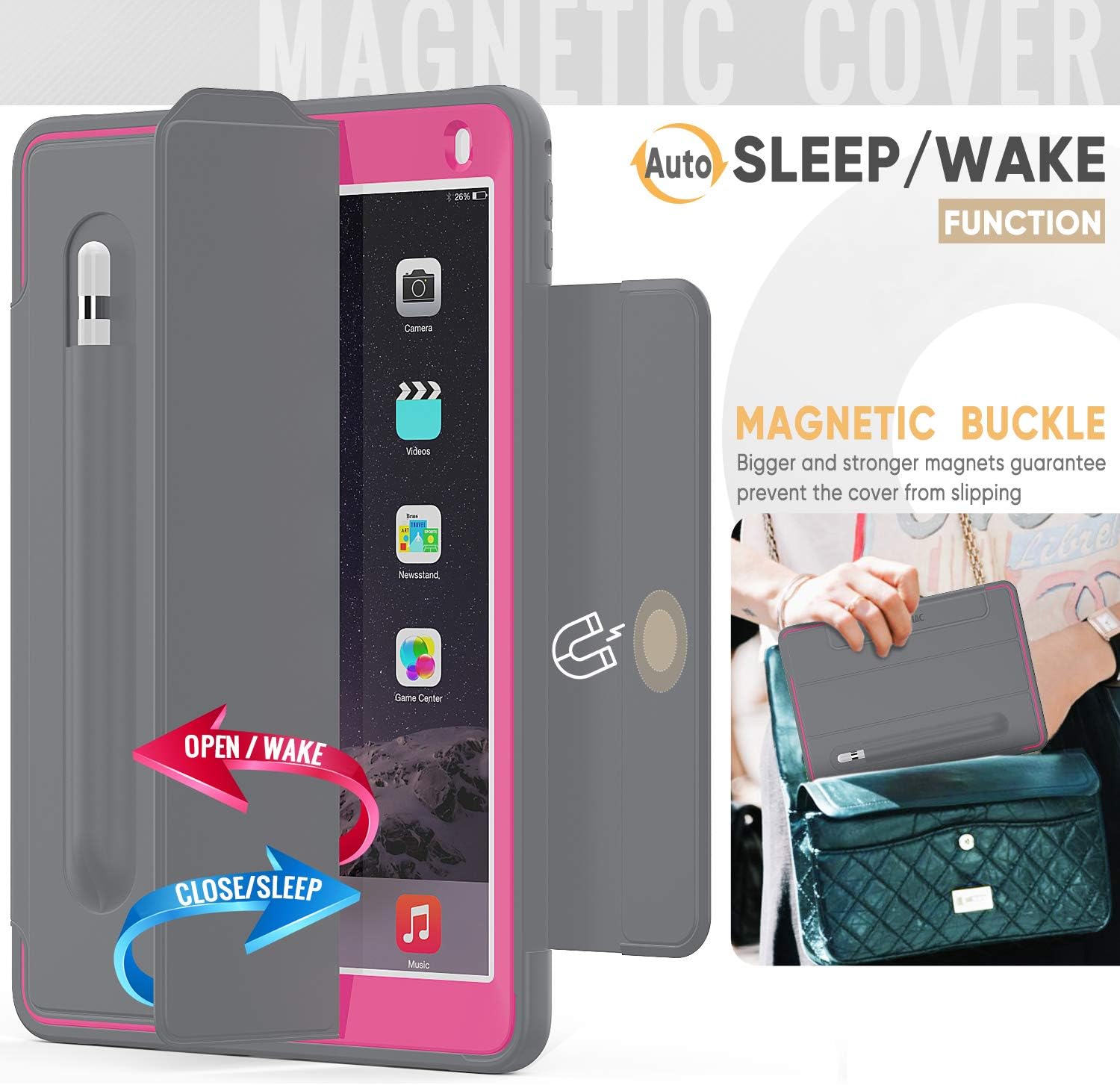 SEYMAC stock Case for iPad 6th/5th Generation, 3-Layer Smart Magnetic Auto Sleep/Wake Cover with [Clear Back] and [Screen Protector] Stand Feature for iPad 2017/2018 /Air 2/Pro 9.7 inch (Gray/Rose)