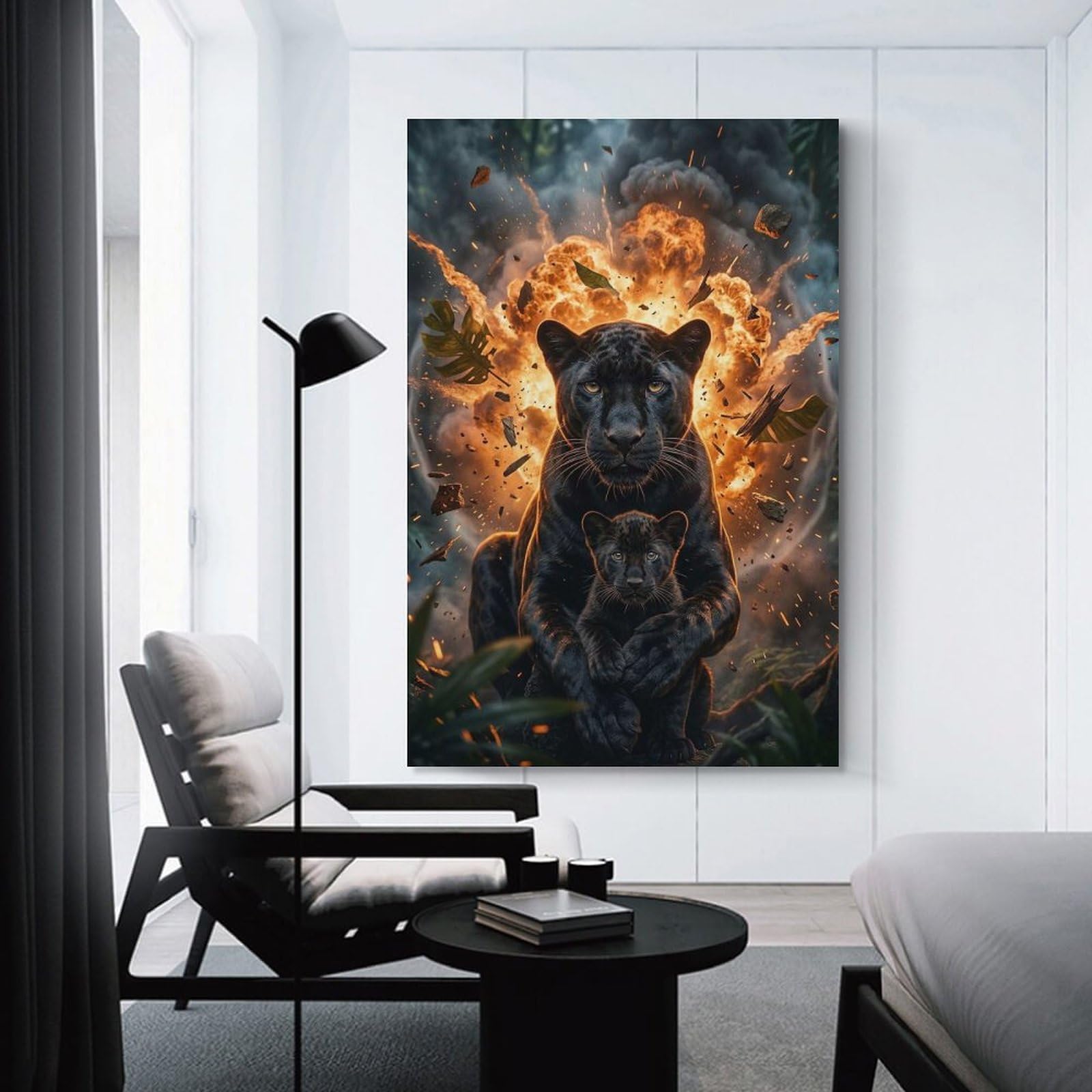 Junmoney Black Panther Mother And Cub in Jungle Explosion Decorative Canvas Print, 20x30inch(50x75cm), for Home, Office, Studio Or Guest Room, Canvas Wall Art That Fits Changing Layouts