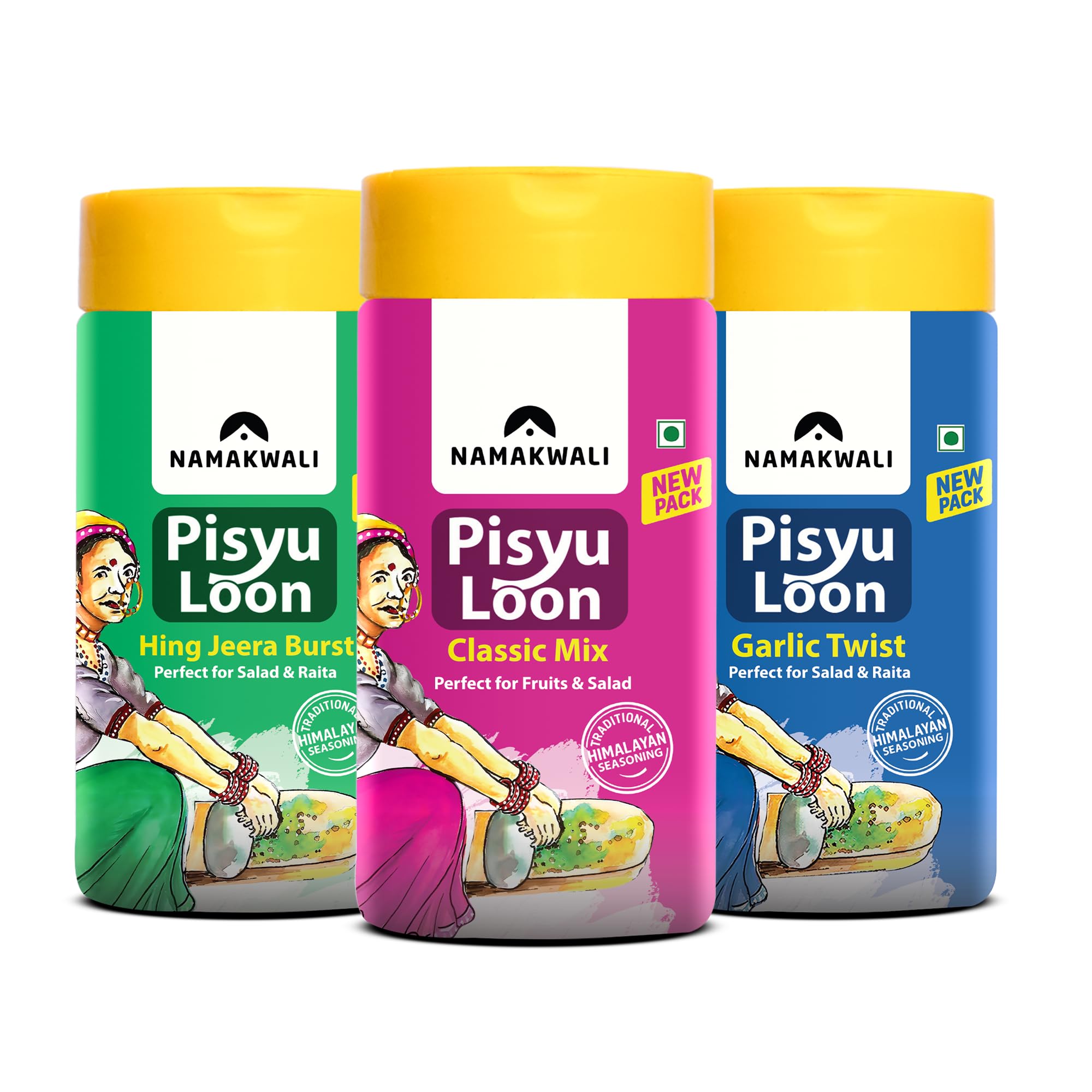 Namakwali Flavoured Pahadi Salt Seasoning Mix (Garlic, Mix, Hing Jeera) | Sprinkler, Marinade Mix | Perfect for Salad, Fruits, Curd, Fries, Sweet Corn, Makhana, Papad, Sandwich, Buttermilk, Noodles Pack of 3 - 300 Gram | SharkTank India