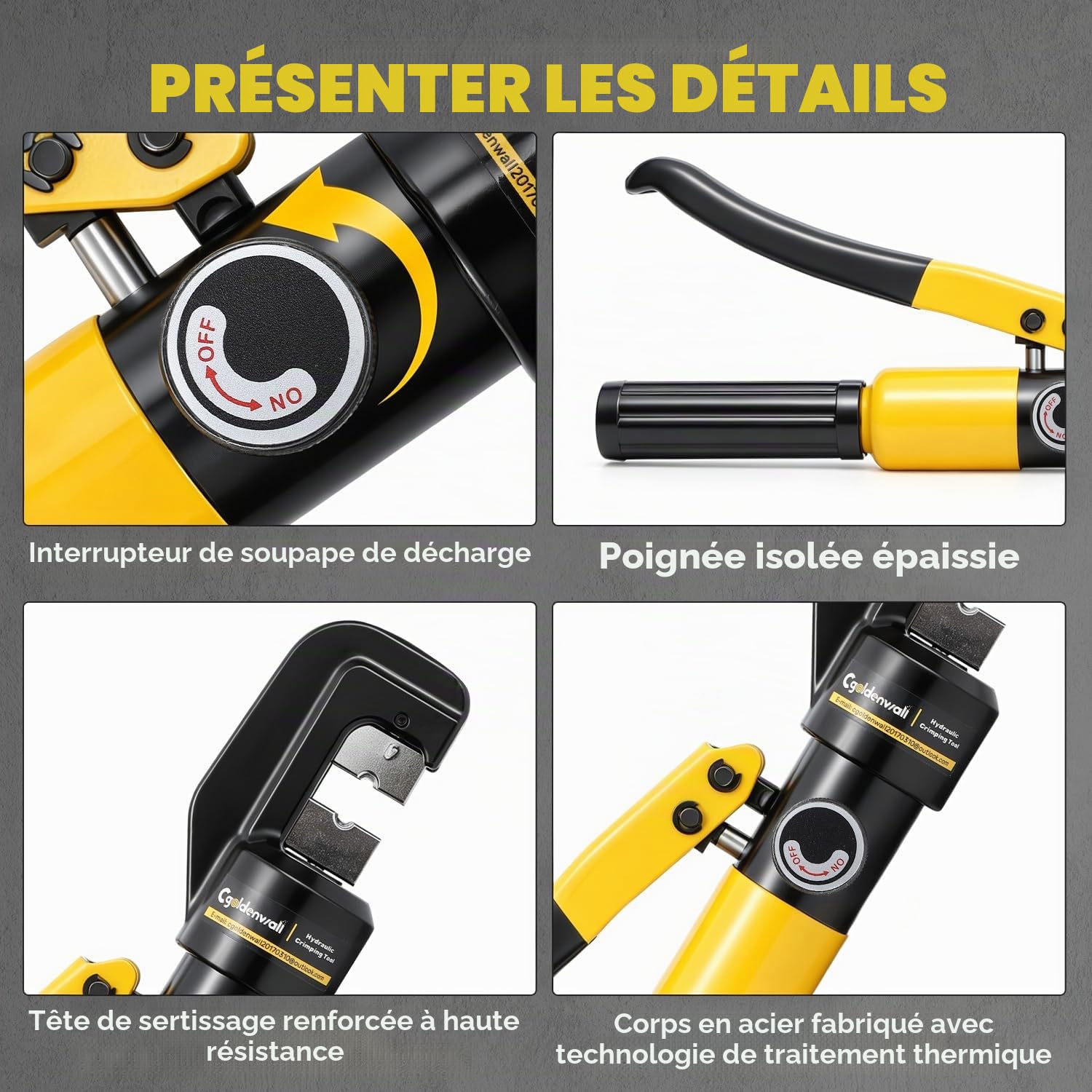 CGOLDENWALL YQK-70 Pince à Sertir Hydraulique Outil de Sertissage 4-70 mm² Pression 10T avec 9 Matrices Hexagonales Course 12mm pour Cosses de Câbles en Cuivre et Aluminium