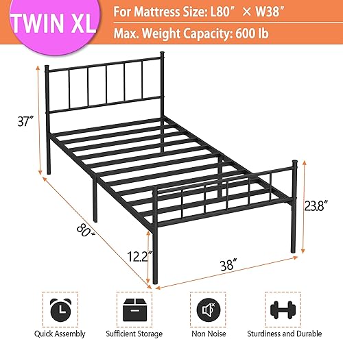 Miniatura 2 de Base de cama Twin XL clásica con plataforma metálica, base de colchón con soporte de listones de acero, almacenamiento debajo de la base, no