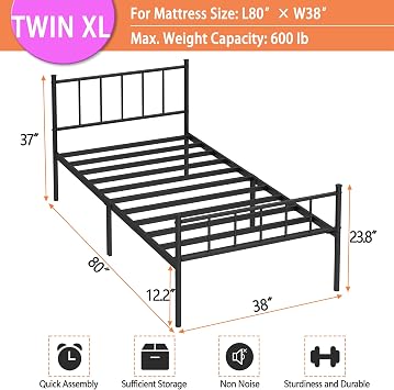 DIIYIV Twin XL Metal Bed Frame,Steel Slat Support,Noise Free,Easy Assembly