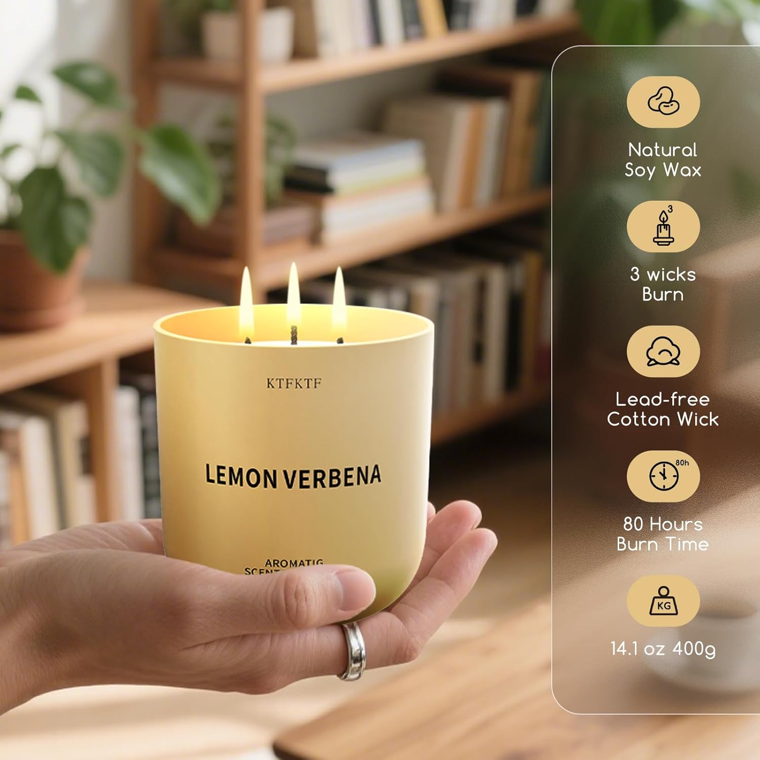 Lemon Verbena Scented Candle for Home, 14.2oz 80H Long Lasting Aromatherapy Candles for Energy & Focus, Non-Toxic Essential Oil & Soy Wax | Citrus & Herbal Freshness - Image 4
