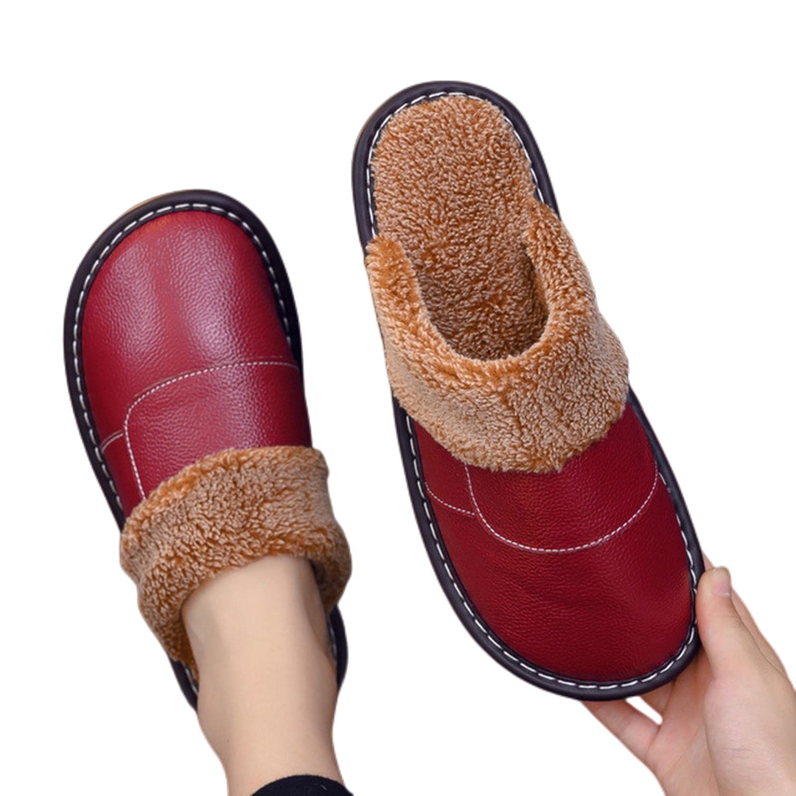 HIHELO Damskie kapcie ze sztucznej skóry wodoodporne sztuczne futro kapcie do wnętrz damskie zimowe antypoślizgowe ciepłe pluszowe domowe uniseks wsuwane buty outdoorowe