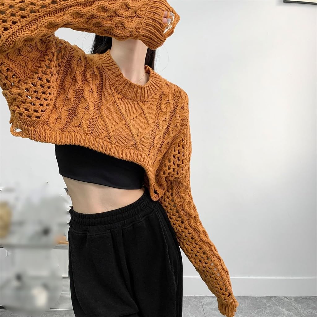 Personalized Cutout Short Navel-grazing Knit Sweater Women High Waisted Long-Sleeved Tops