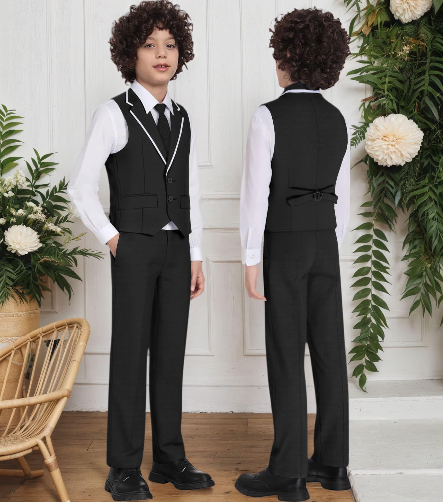 DOISPON Jungenanzug für Kinder, Smoking, schmale Passform, 5-teiliges Set, Hemd, Weste, Hose, Set für Teenager, Kleid, Kleidung, Hochzeits-Outfit mit Krawatte und Fliege
